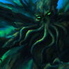 Grafika z potworem Cthulhu promująca Pilkonowy Konkurs Literacki 2023 — Urodziny Lovecrafta.