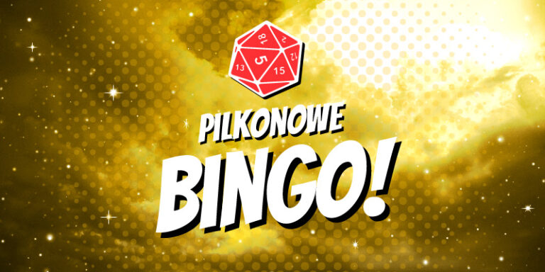 Grafika reprezentująca Pilkonowe Bingo. Hasło „Pilkonowe Bingo” opatrzone symbolem z loga Pilkonu — dwudziestościenną kostką do gry — na tle zabarwionej na żółto galaktyki.